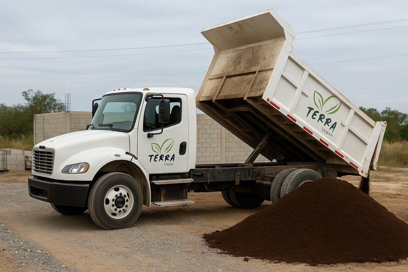 Camión volteo entregando tierra negra vegetal en jardín de Tampico