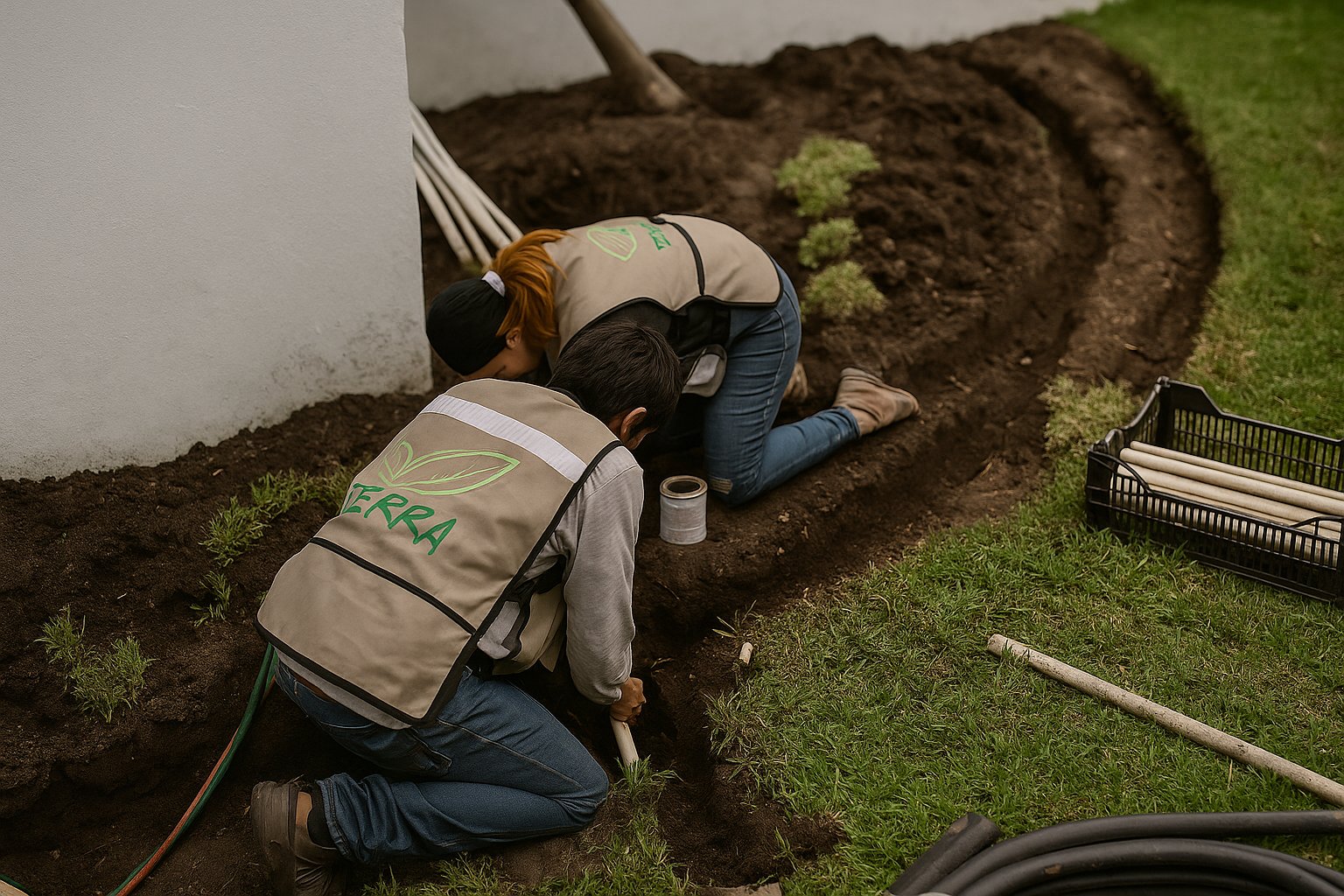 Equipo Terra instalando riego subterráneo jardín