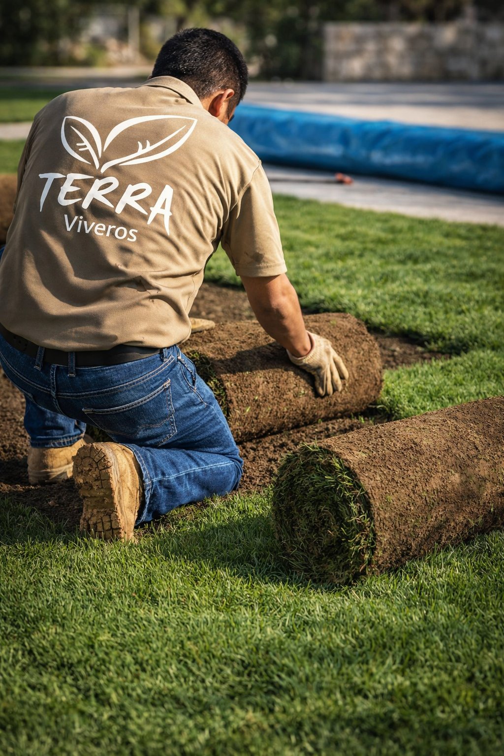 Instalación de pasto San Agustín en rollo en Tampico por técnico Viveros Terra