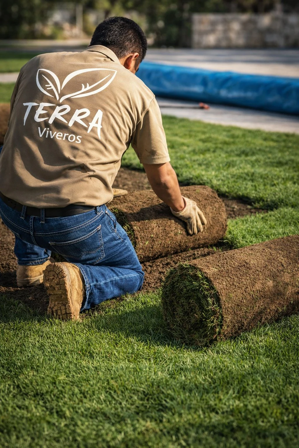 Instalación de pasto San Agustín en rollo en Tampico por técnico Viveros Terra