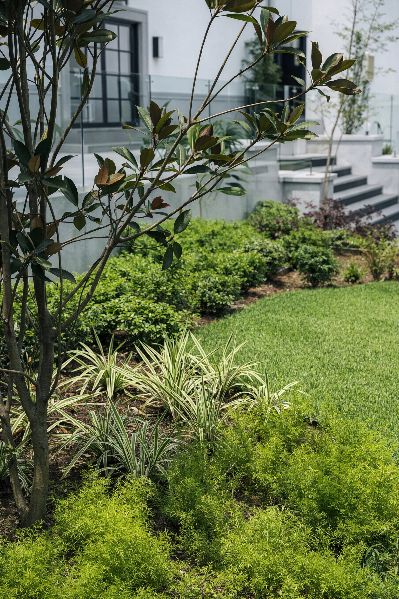 Jardín residencial con plantas ornamentales y pasto San Agustín en Tampico Altamira