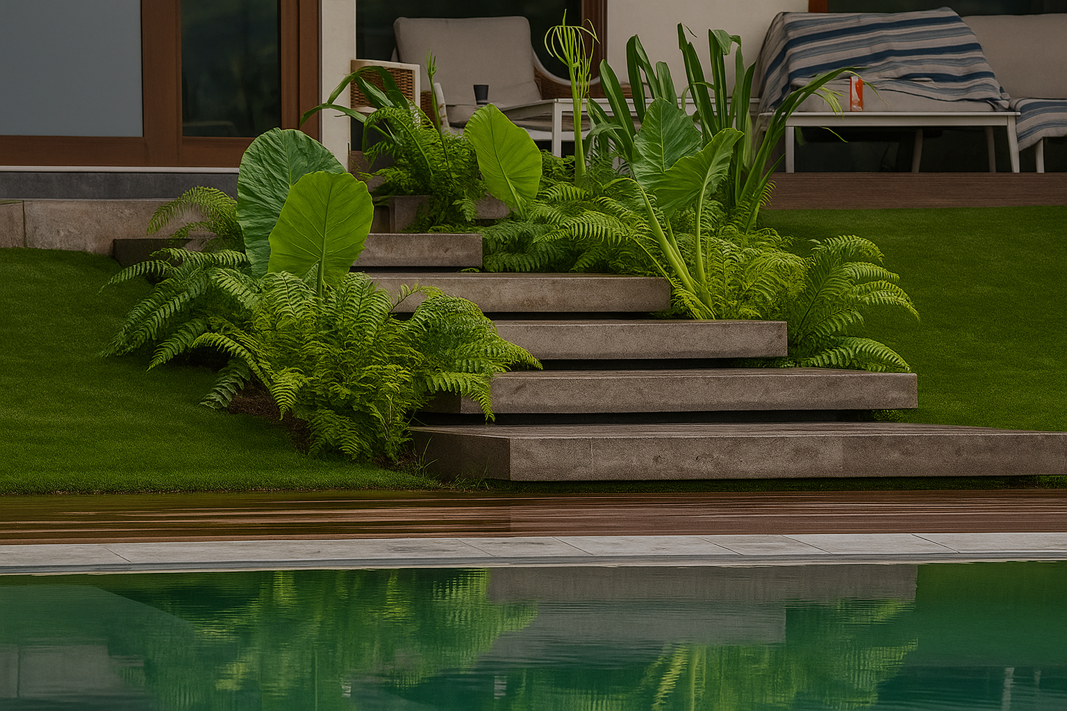 Paisajismo profesional con alberca y plantas tropicales en Tamaulipas por Viveros Terra