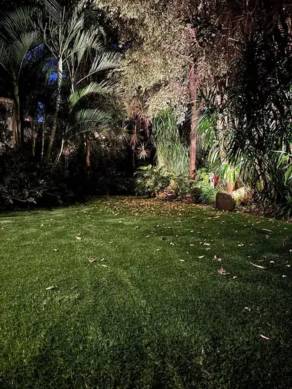 Pasto sintético Bali 35 instalado: jardín bajo árboles