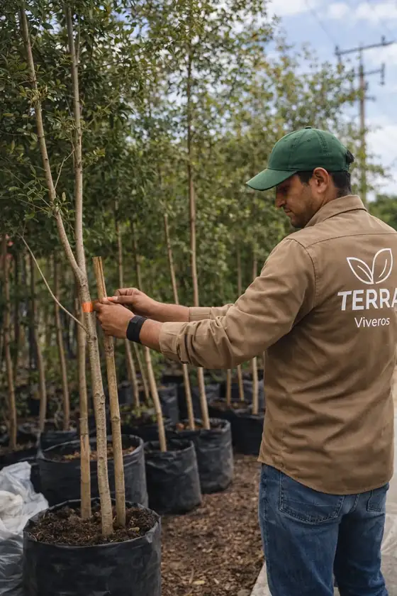 Árboles jóvenes en el vivero listos para sembrar en banqueta