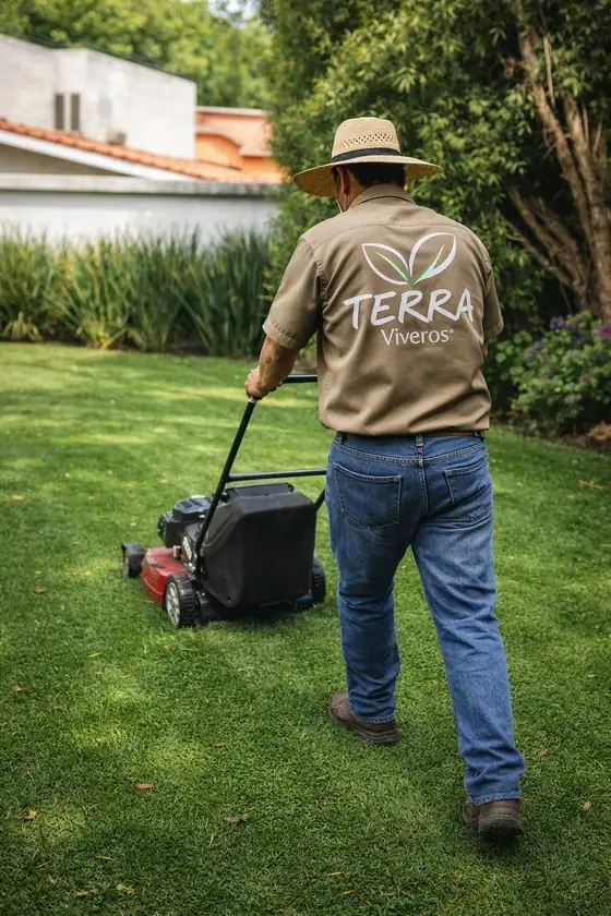 Jardinero de Viveros Terra podando pasto en un jardín de Tampico