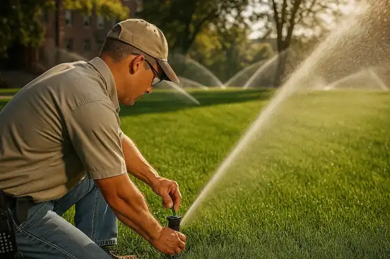 Aspersores de riego automático funcionando en un jardín