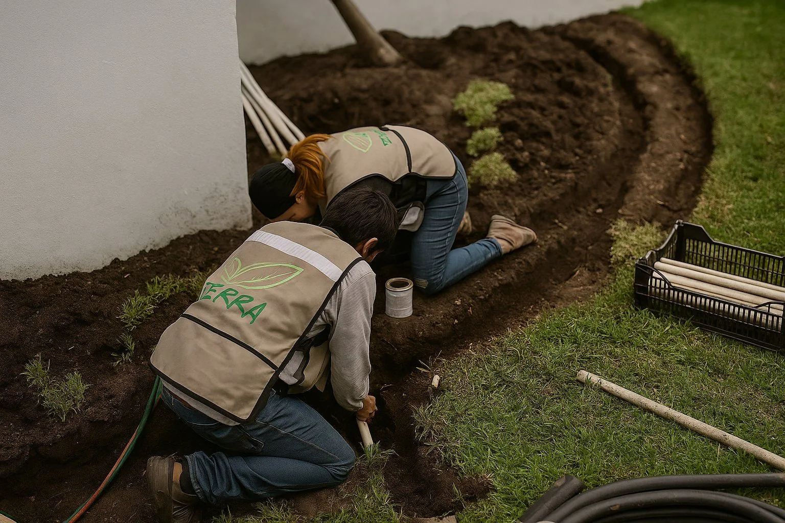 Equipo Viveros Terra instalando sistema de riego subterráneo - técnicos certificados Tampico