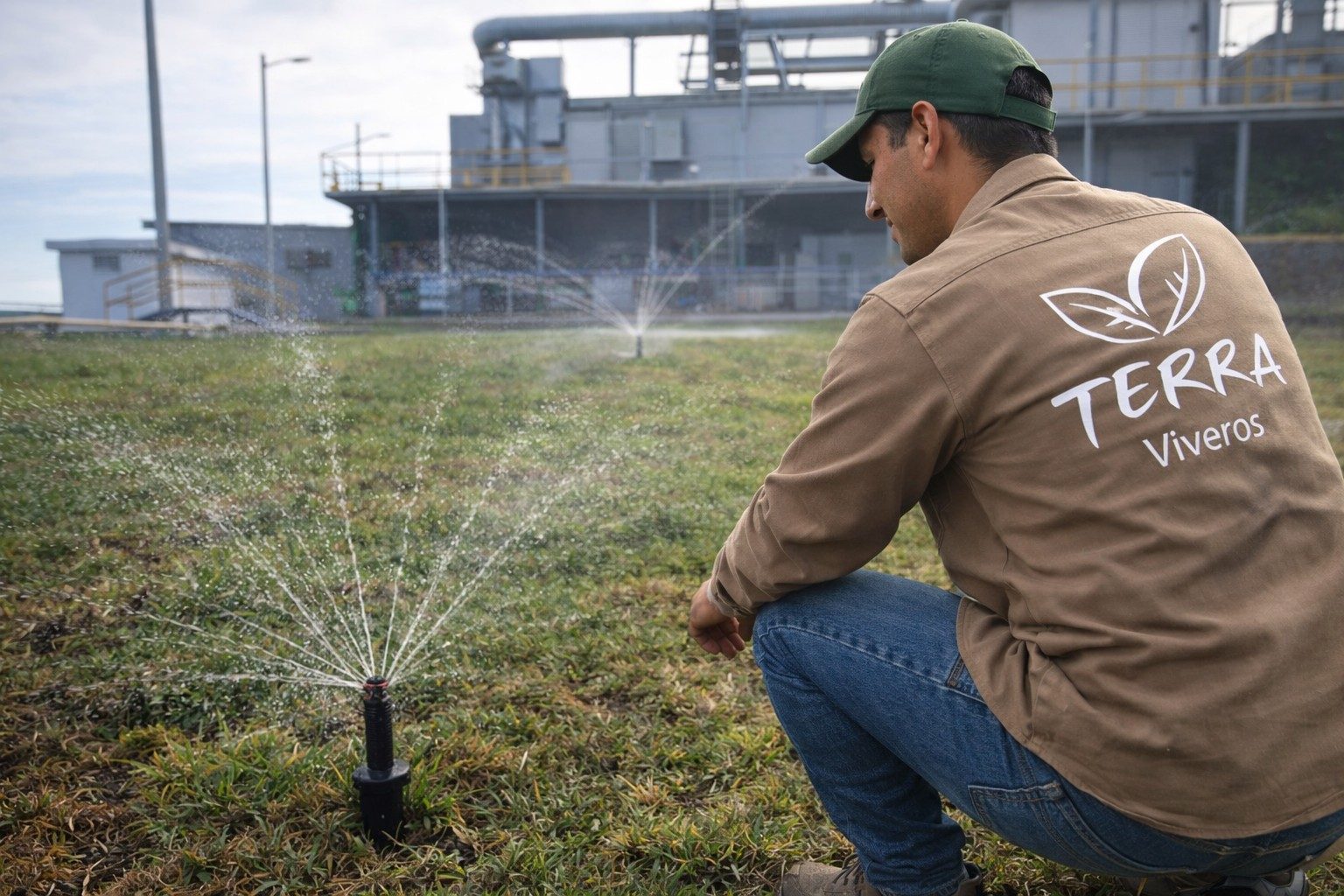Técnico Viveros Terra inspeccionando sistema de riego industrial Tampico