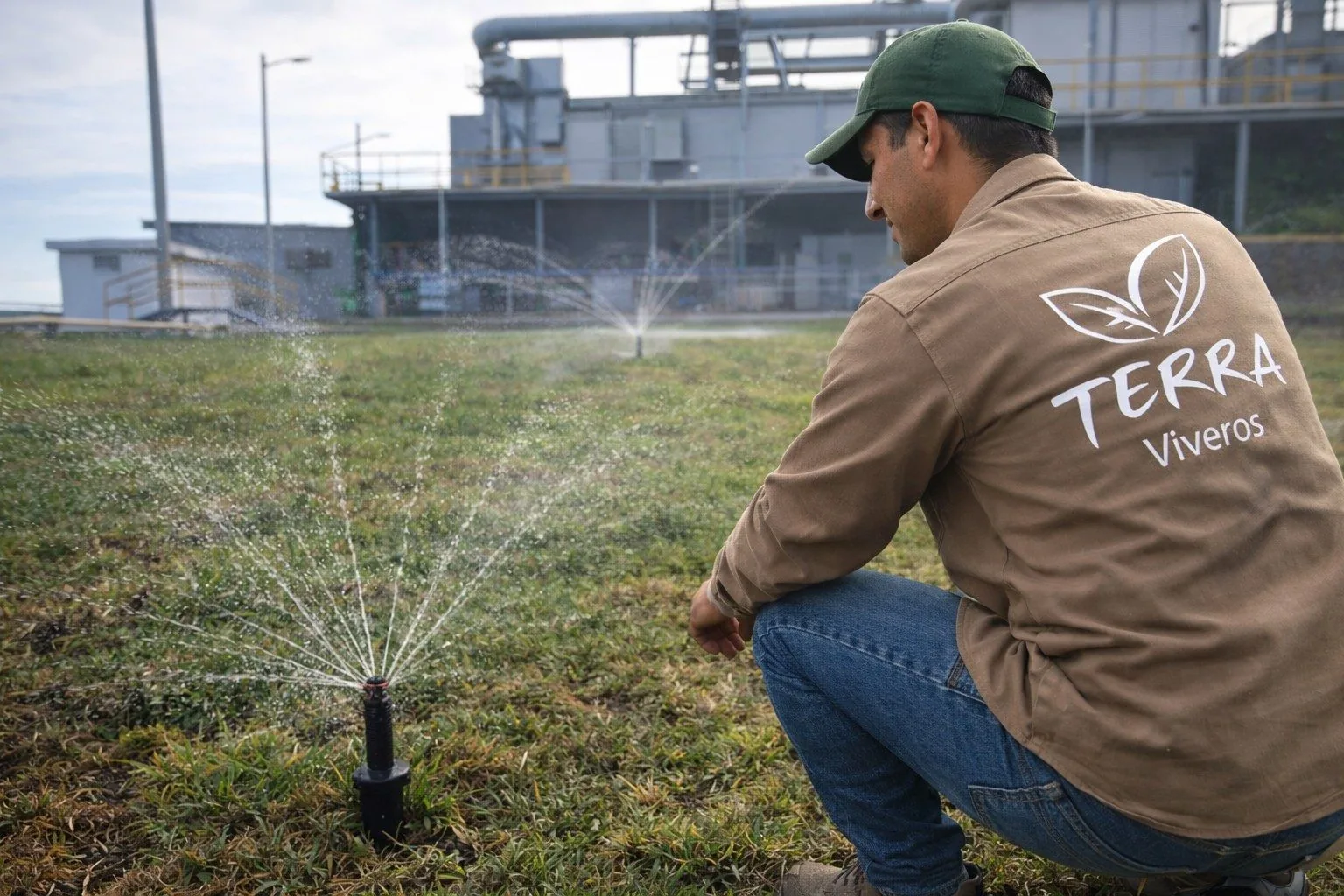 Técnico Viveros Terra inspeccionando sistema de riego industrial Tampico