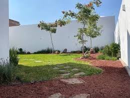 Tezontle rojo con bordillo decorativo en jardín residencial Tampico